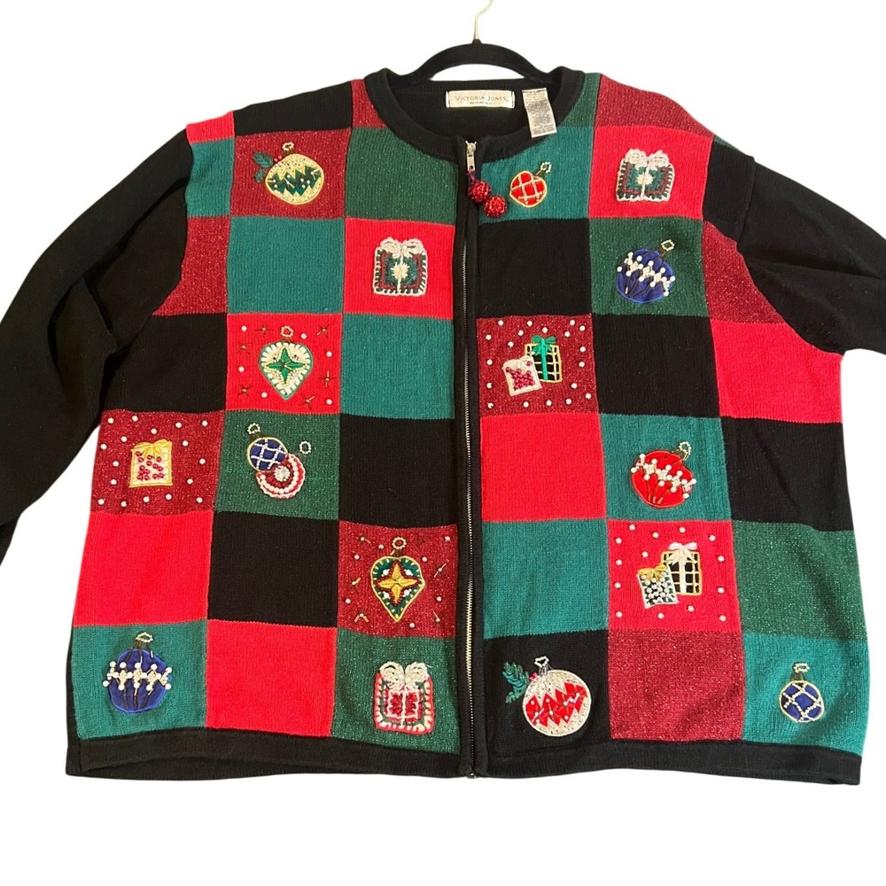 Vintage Christmas Sweater Cardigan Patchwork Beaded Ornament Applique Holiday 3X
